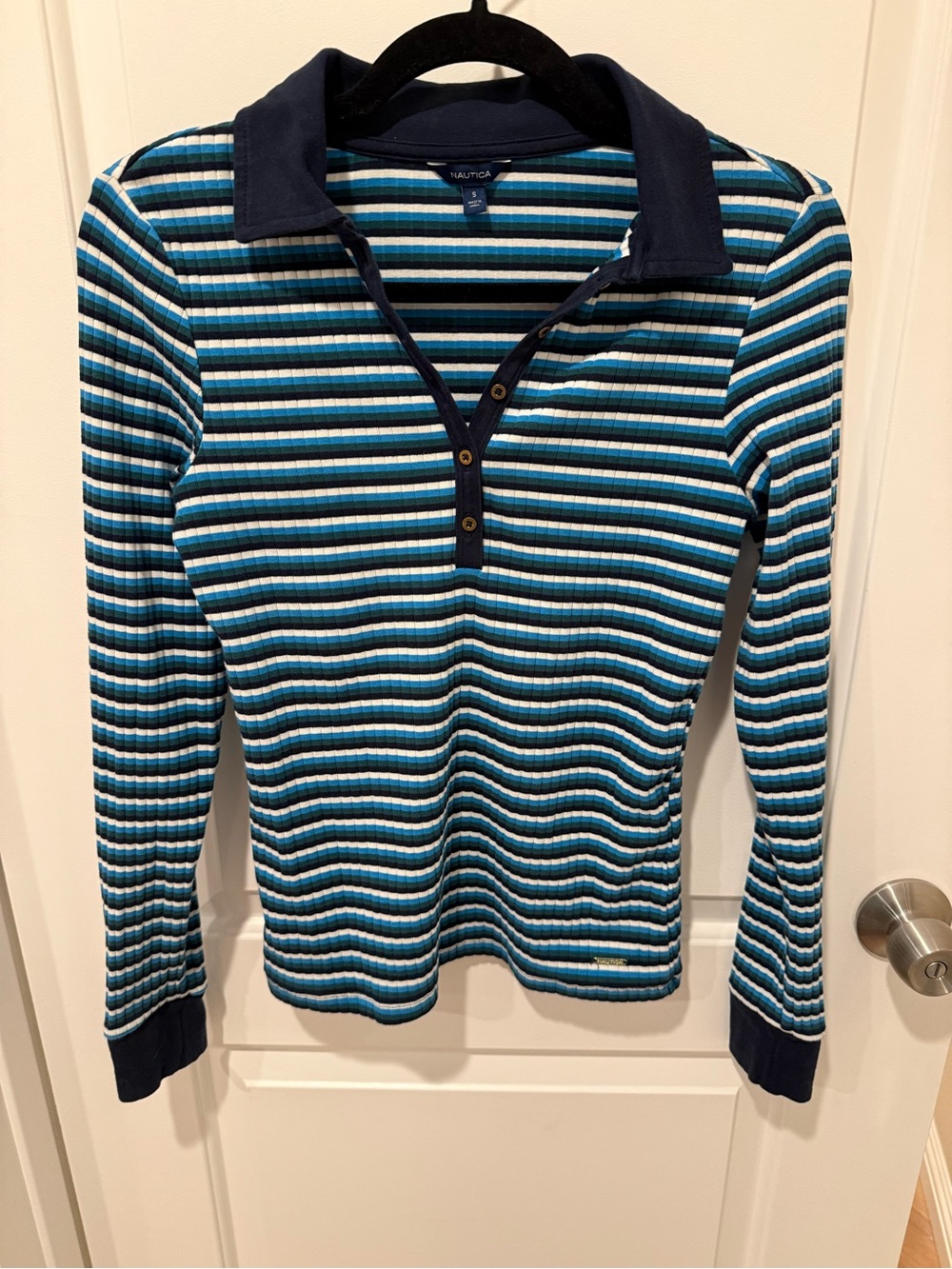 Nautica Women's Navy, Light Blue & White Striped Ribbed V-Neck Polo Sweater